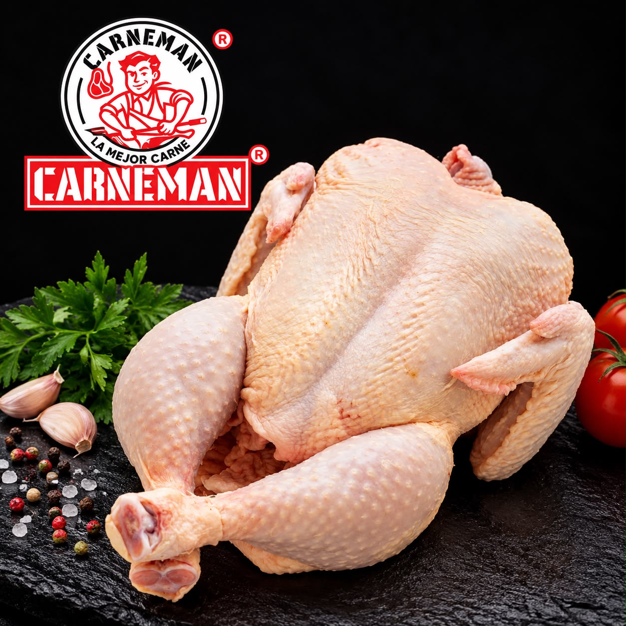 Un pollo entero expuesto, acompañado de granos de pimienta.