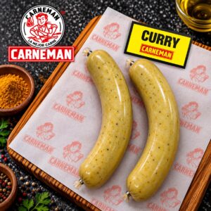 Dos salchichas Frankfurt al curry expuestas sobre una tabla con papel encerado