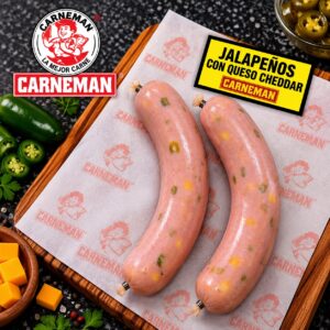 Dos salchichas Frankfurt con jalapeños y cheddar sobre un papel encerado
