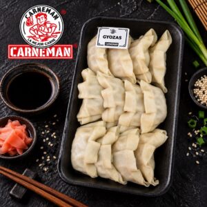 Una docena de gyozas en una bandeja
