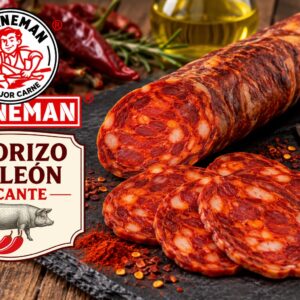 Un chorizo de León picante presentado junto a algunas rodajas, sobre una tabla