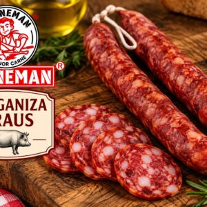 Una longaniza de Graus presentada sobre una tabla con algunas rodajas