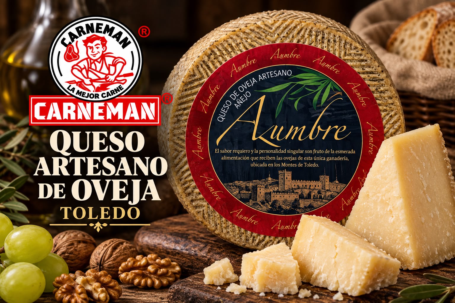 Un queso de oveja de Toledo fuerte artesano presentado en cuñas y trozos más pequeños sobre una tabla