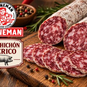 Dos salchichones ibéricos, presentados con algunas lonchas cortadas, sobre un plato