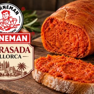 Una porción de sobrasada presentada junta a hierbas aromáticas sobre una tabla