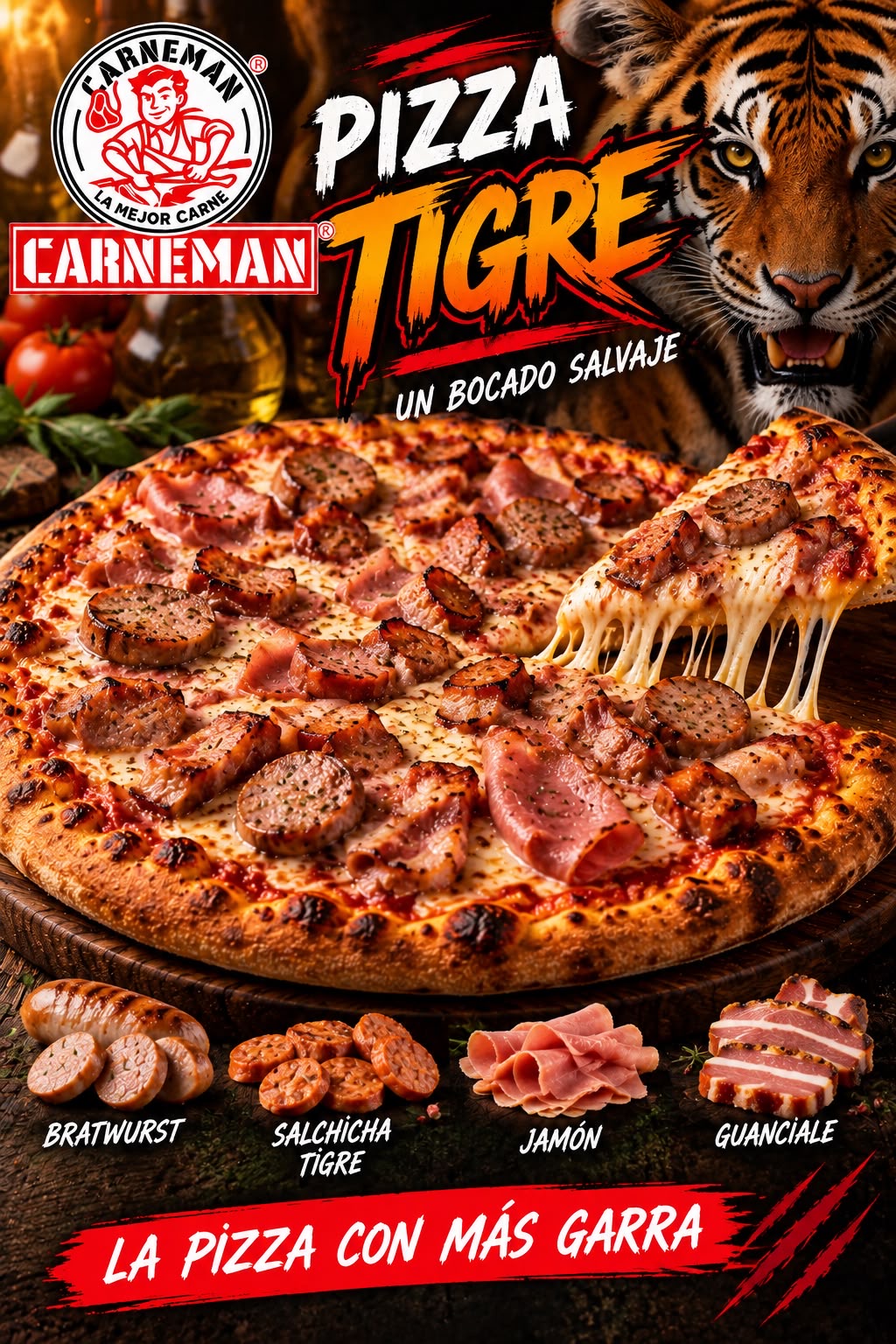 Un cartel con una oferta de Pizza Tigre
