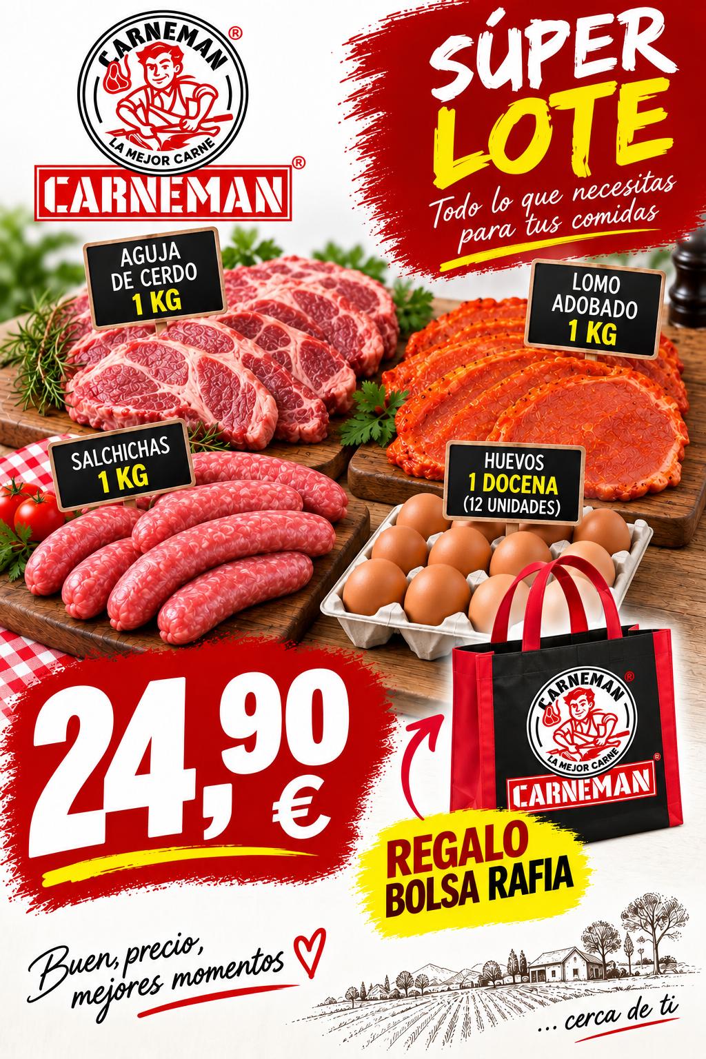 Lote de carne en oferta, incluye aguja de cerdo, salchichas, lomo adobado y huevos